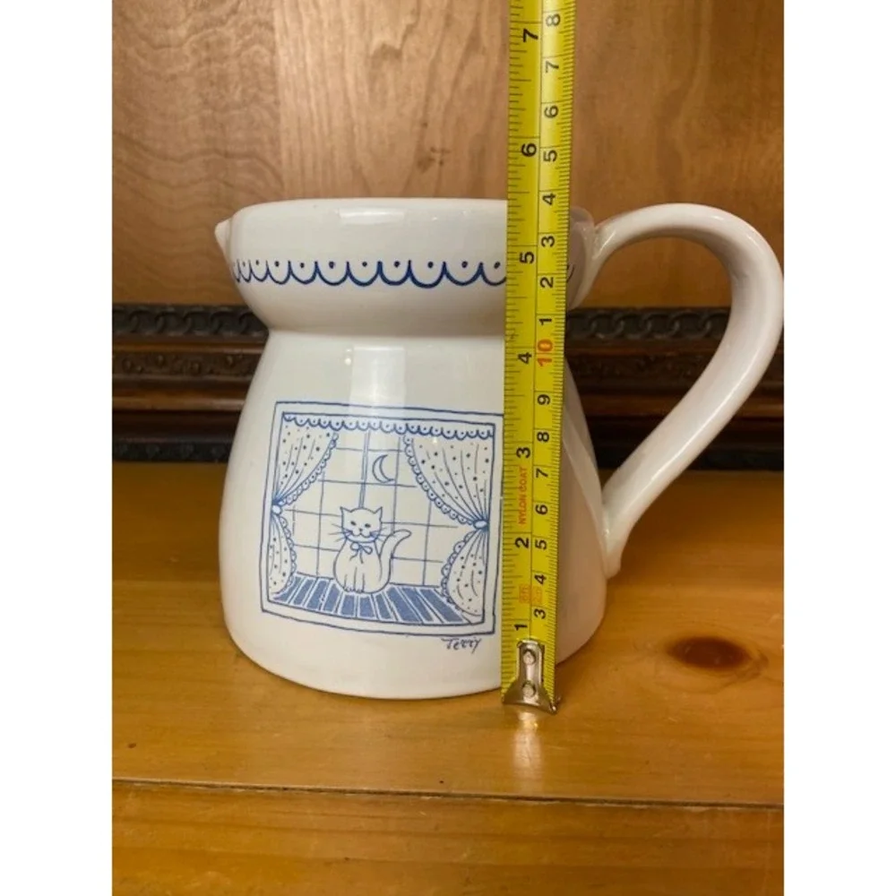 Vintage Lillian Vernon Cat in Window Ceramic Pitcher Made in Italy Blue White
